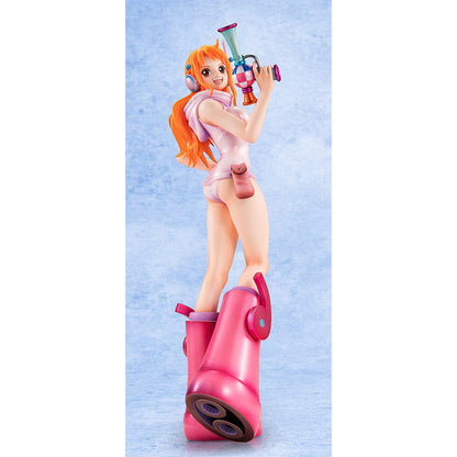 One Piece Portrait of Pirates Evolutionary History Nami Figure, showcasing Nami in a pink hoodie and shorts with oversized boots, holding a retro device in a confident pose.