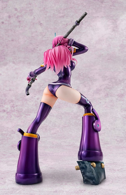 One Piece Portrait of Pirates Evolutionary History Jewelry Bonney figure, featuring Bonney in a dynamic pose with a purple outfit and pink hair, holding a firearm, on a themed base.