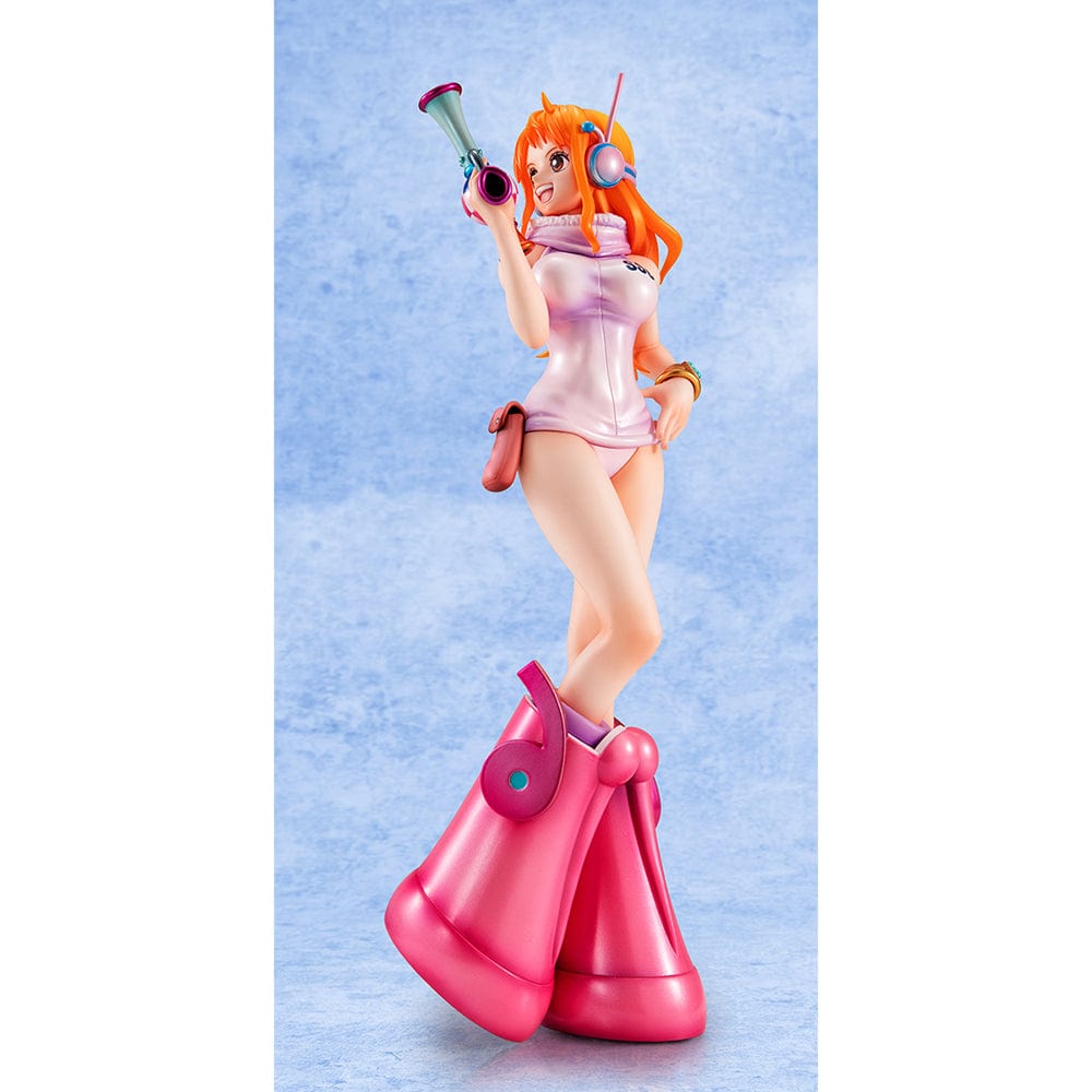 One Piece Portrait of Pirates Evolutionary History Nami Figure, showcasing Nami in a pink hoodie and shorts with oversized boots, holding a retro device in a confident pose.