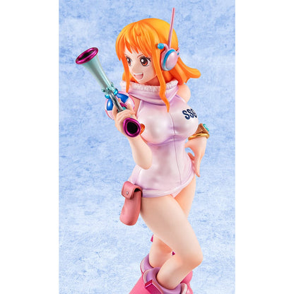 One Piece Portrait of Pirates Evolutionary History Nami Figure, showcasing Nami in a pink hoodie and shorts with oversized boots, holding a retro device in a confident pose.