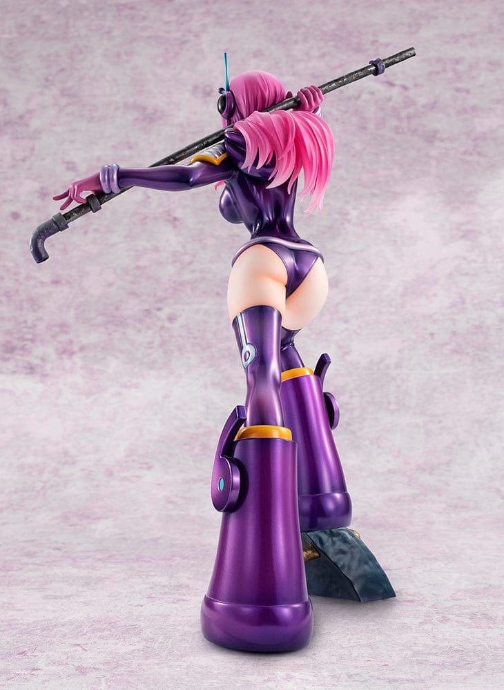 One Piece Portrait of Pirates Evolutionary History Jewelry Bonney figure, featuring Bonney in a dynamic pose with a purple outfit and pink hair, holding a firearm, on a themed base.