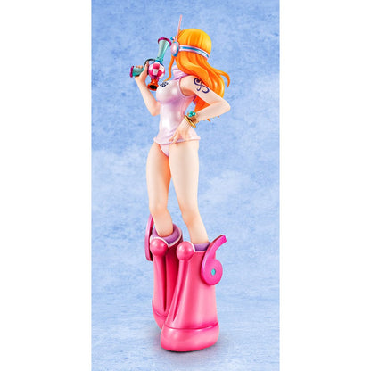 One Piece Portrait of Pirates Evolutionary History Nami Figure, showcasing Nami in a pink hoodie and shorts with oversized boots, holding a retro device in a confident pose.