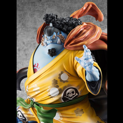 One Piece Portrait of Pirates SA-Maximum Jinbe (Knight of the Sea Ver.) Limited Edition figure in dynamic action pose wearing yellow kimono, using Fish-Man Karate.