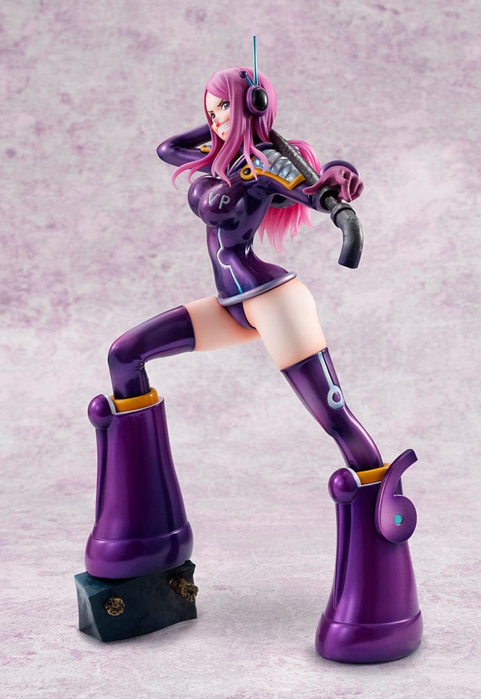 One Piece Portrait of Pirates Evolutionary History Jewelry Bonney figure, featuring Bonney in a dynamic pose with a purple outfit and pink hair, holding a firearm, on a themed base.