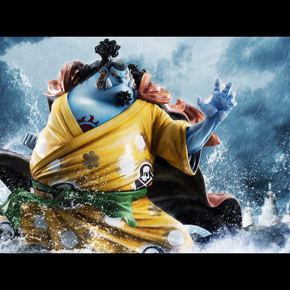 One Piece Portrait of Pirates SA-Maximum Jinbe (Knight of the Sea Ver.) Limited Edition figure in dynamic action pose wearing yellow kimono, using Fish-Man Karate.