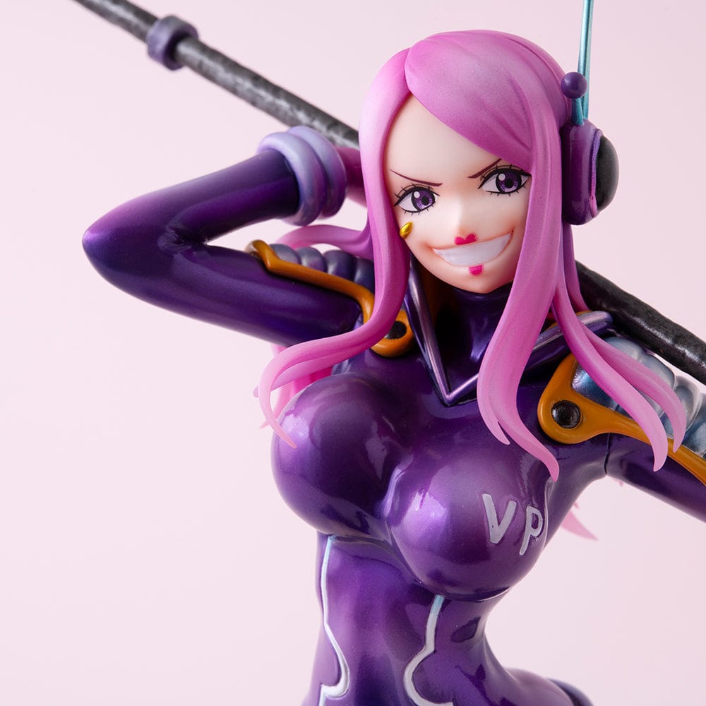 One Piece Portrait of Pirates Evolutionary History Jewelry Bonney figure, featuring Bonney in a dynamic pose with a purple outfit and pink hair, holding a firearm, on a themed base.