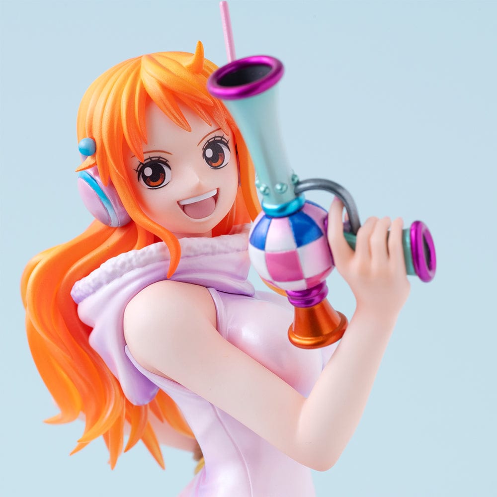 One Piece Portrait of Pirates Evolutionary History Nami Figure, showcasing Nami in a pink hoodie and shorts with oversized boots, holding a retro device in a confident pose.