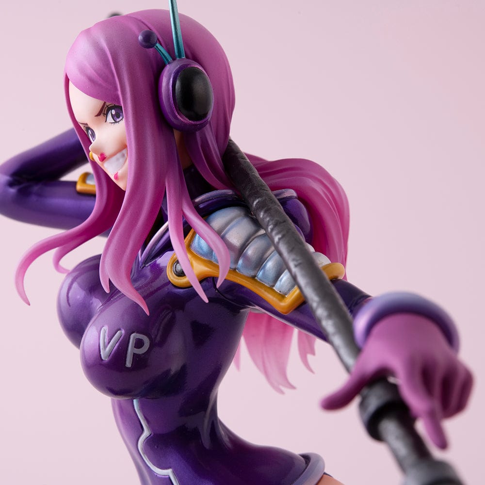 One Piece Portrait of Pirates Evolutionary History Jewelry Bonney figure, featuring Bonney in a dynamic pose with a purple outfit and pink hair, holding a firearm, on a themed base.