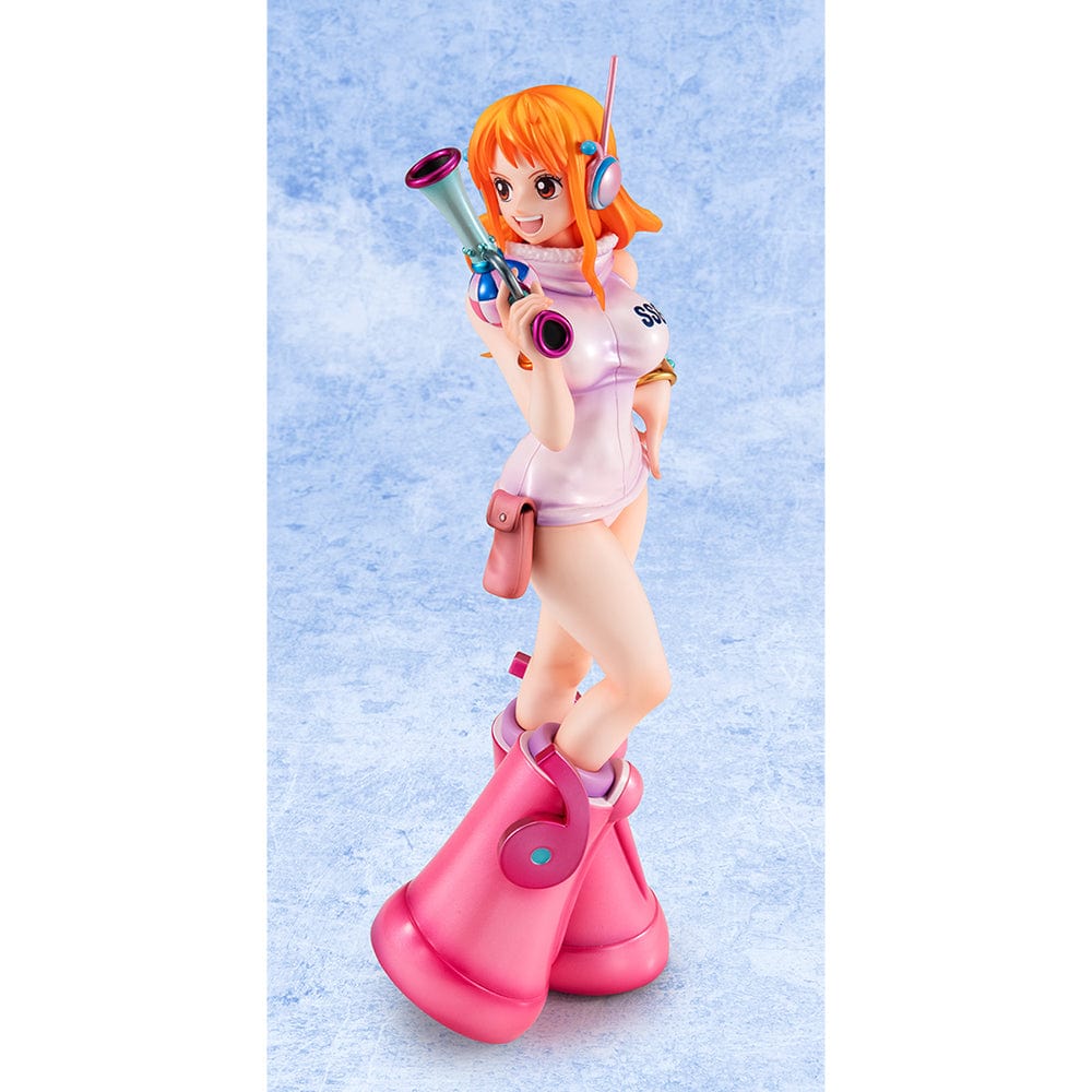 One Piece Portrait of Pirates Evolutionary History Nami Figure, showcasing Nami in a pink hoodie and shorts with oversized boots, holding a retro device in a confident pose.