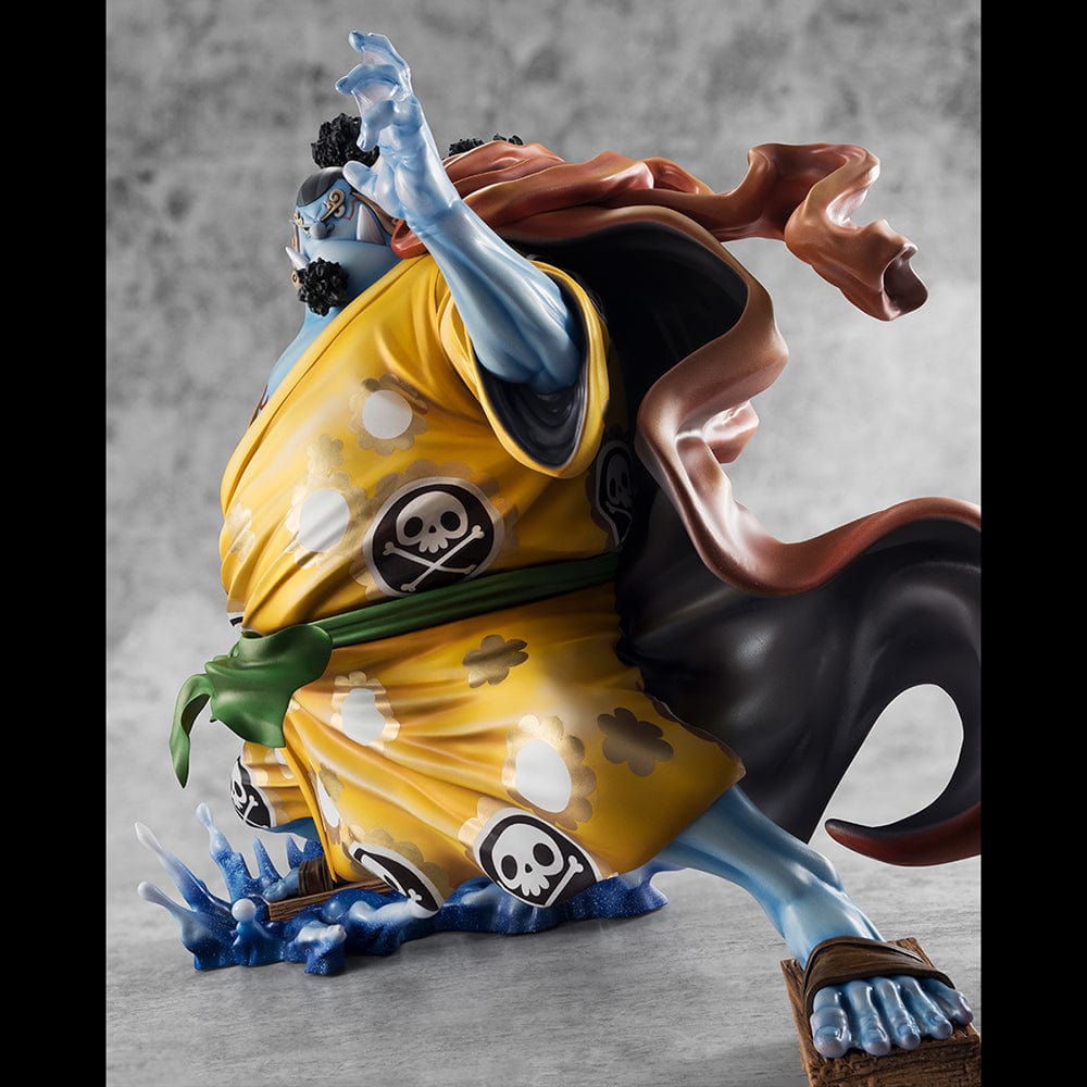 One Piece Portrait of Pirates SA-Maximum Jinbe (Knight of the Sea Ver.) Limited Edition figure in dynamic action pose wearing yellow kimono, using Fish-Man Karate.