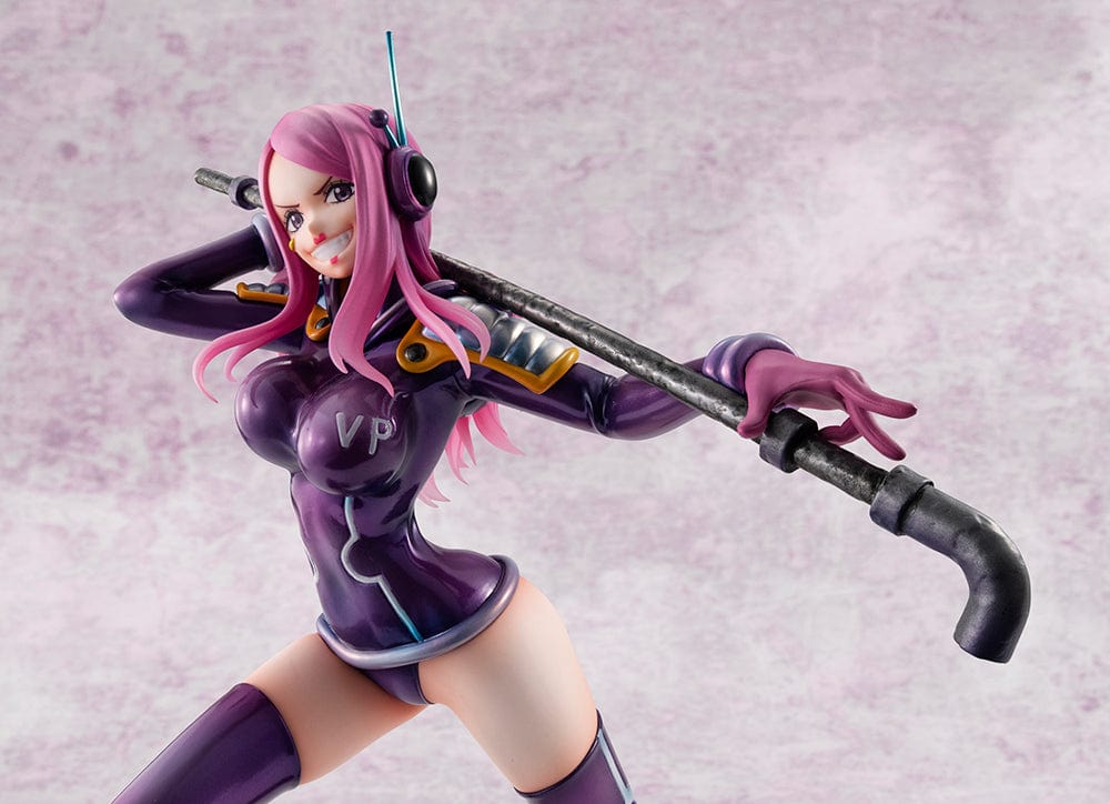 One Piece Portrait of Pirates Evolutionary History Jewelry Bonney figure, featuring Bonney in a dynamic pose with a purple outfit and pink hair, holding a firearm, on a themed base.