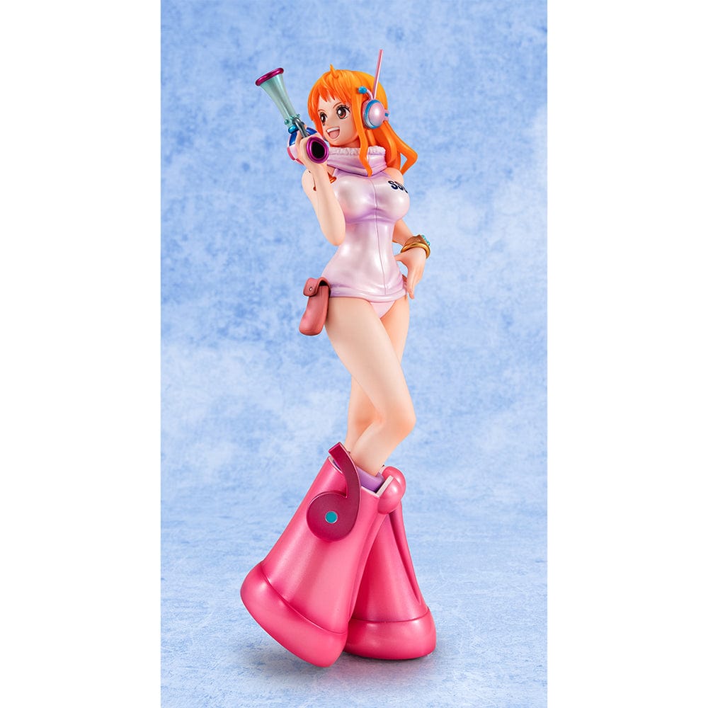 One Piece Portrait of Pirates Evolutionary History Nami Figure, showcasing Nami in a pink hoodie and shorts with oversized boots, holding a retro device in a confident pose.