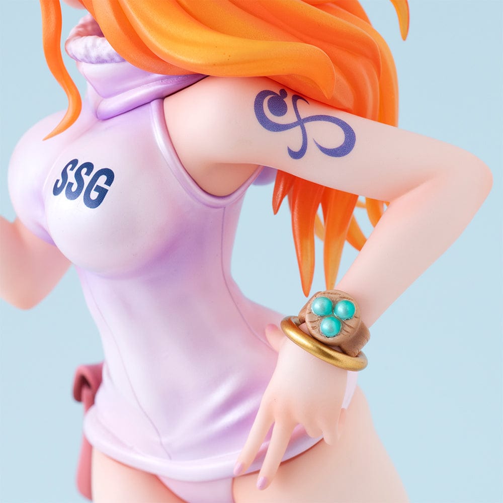 One Piece Portrait of Pirates Evolutionary History Nami Figure, showcasing Nami in a pink hoodie and shorts with oversized boots, holding a retro device in a confident pose.