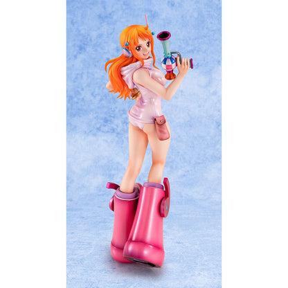 One Piece Portrait of Pirates Evolutionary History Nami Figure, showcasing Nami in a pink hoodie and shorts with oversized boots, holding a retro device in a confident pose.