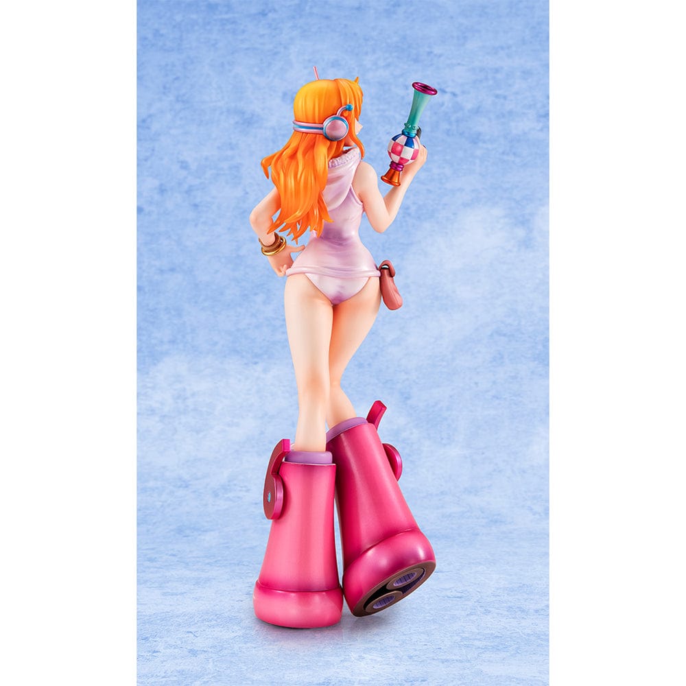 One Piece Portrait of Pirates Evolutionary History Nami Figure, showcasing Nami in a pink hoodie and shorts with oversized boots, holding a retro device in a confident pose.