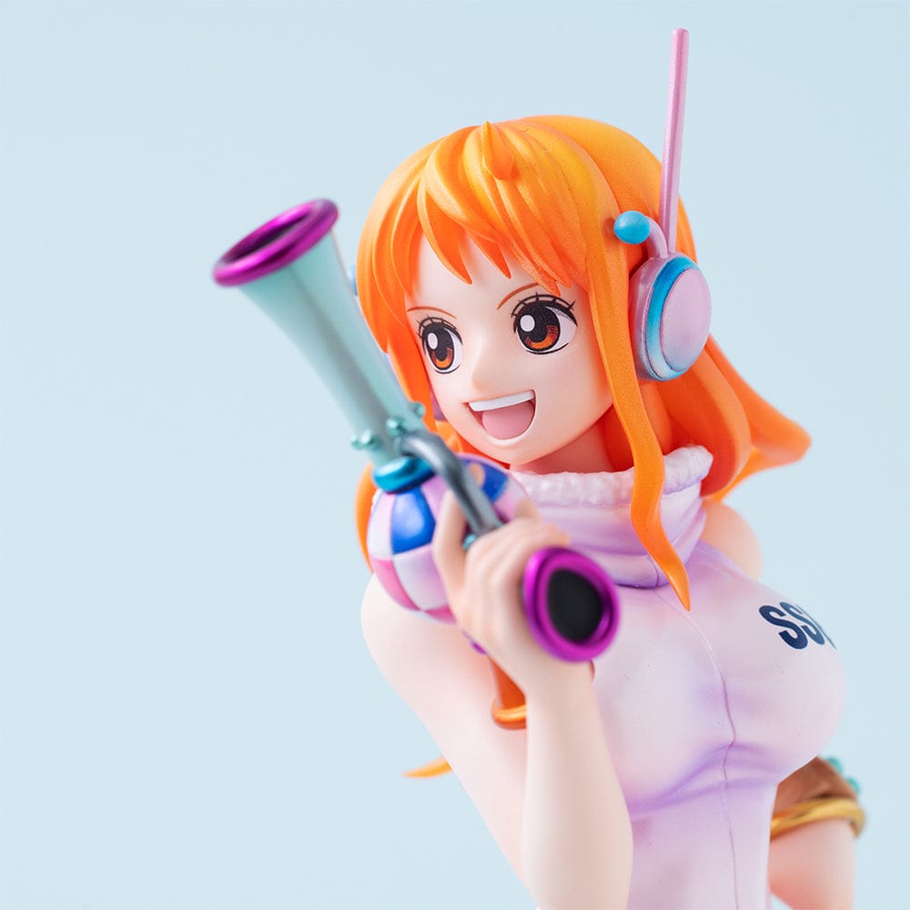 One Piece Portrait of Pirates Evolutionary History Nami Figure, showcasing Nami in a pink hoodie and shorts with oversized boots, holding a retro device in a confident pose.