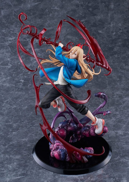 Dynamic figure of a female character with blonde hair and devil horns, brandishing a red scythe-like weapon, entwined with glossy red accents against a dark, abstract base.