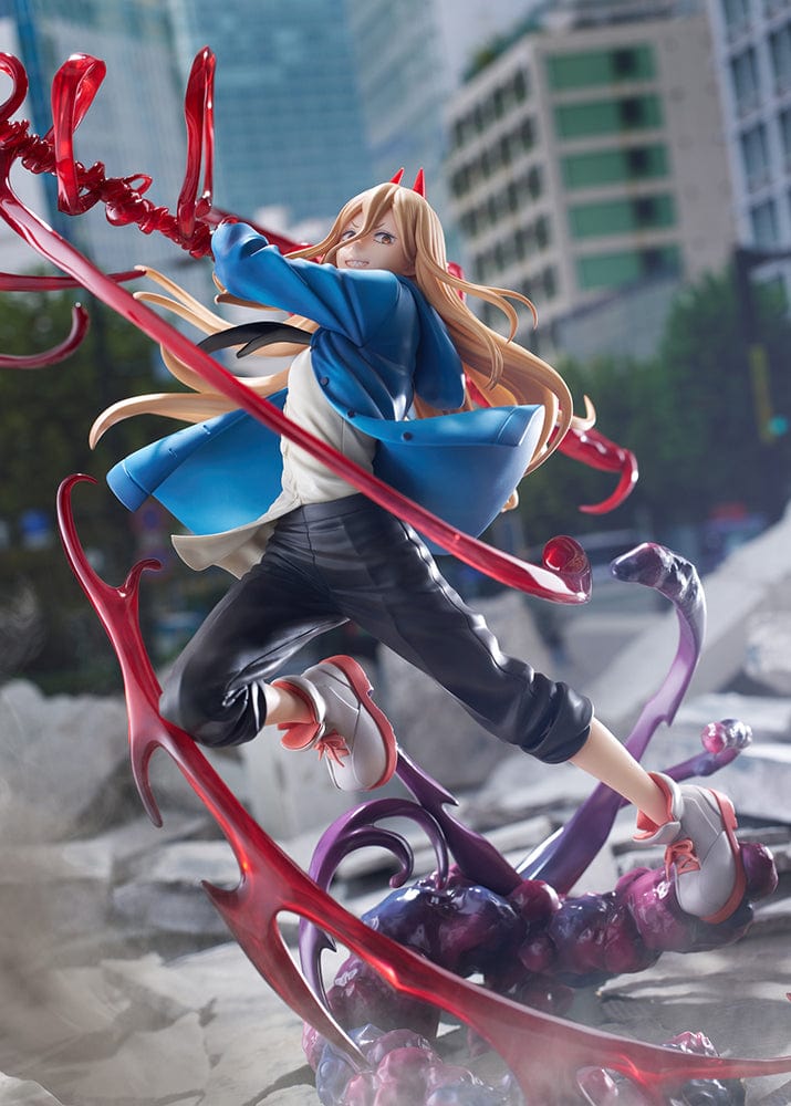 Dynamic figure of a female character with blonde hair and devil horns, brandishing a red scythe-like weapon, entwined with glossy red accents against a dark, abstract base.