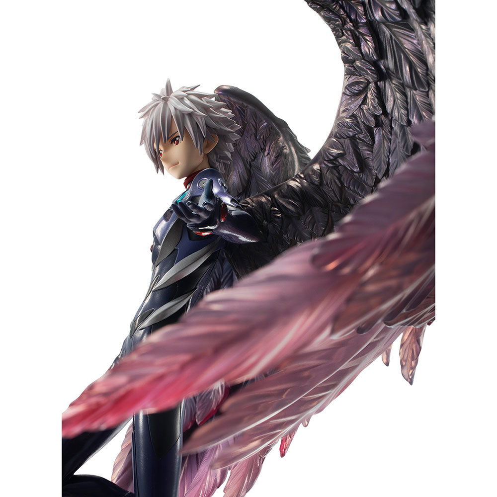 "Rebuild of Evangelion Precious G.E.M. Series 15th Anniversary Kaworu Nagisa (3.0+1.0 Ver. Reissue) - Detailed anime figure of Kaworu Nagisa with ethereal wings and Double-Ended Spear, standing on a dynamic base with rocky terrain and red liquid."