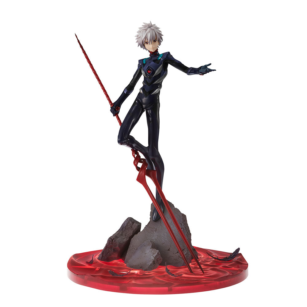"Rebuild of Evangelion Precious G.E.M. Series 15th Anniversary Kaworu Nagisa (3.0+1.0 Ver. Reissue) - Detailed anime figure of Kaworu Nagisa with ethereal wings and Double-Ended Spear, standing on a dynamic base with rocky terrain and red liquid."