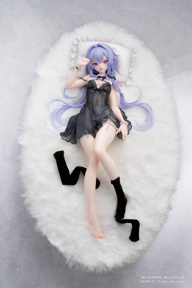 Niya (Hidden Forest Ver.) 1/7 Scale Figure lying elegantly on a fluffy white base, wearing a detailed black lace outfit with lavender hair flowing gracefully.