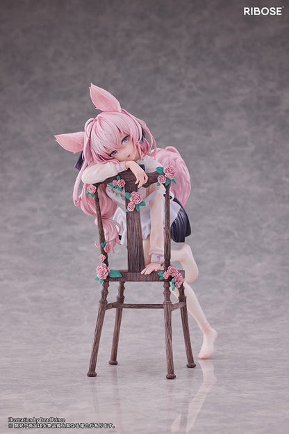 DeadPrince Illustration Rabbit Flova 1/7 Scale Figure with pink hair, rabbit ears, and floral-accented chair in a graceful pose