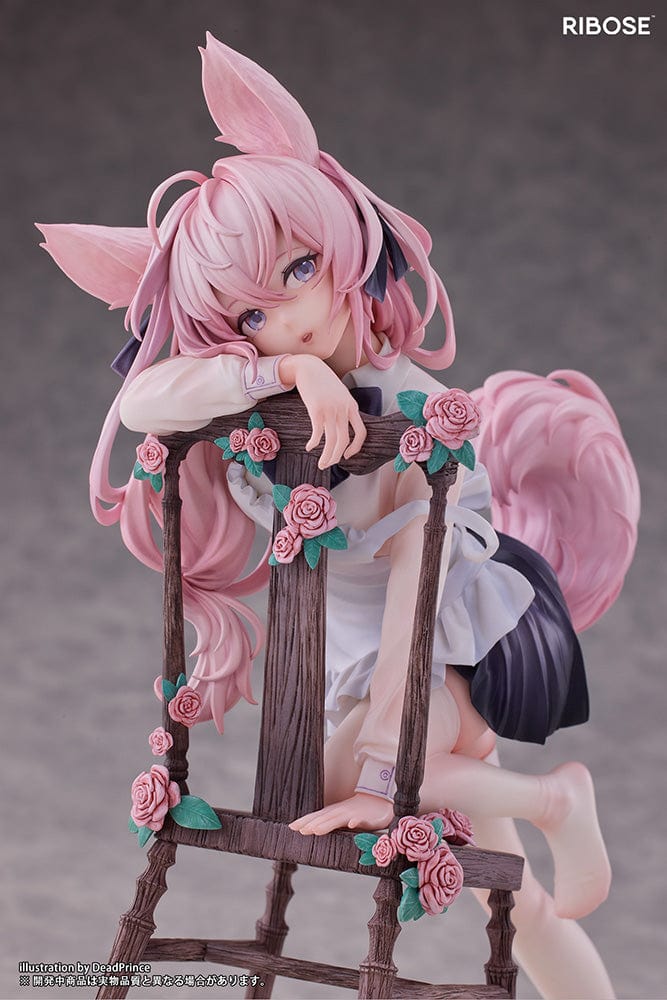 DeadPrince Illustration Rabbit Flova 1/7 Scale Figure with pink hair, rabbit ears, and floral-accented chair in a graceful pose