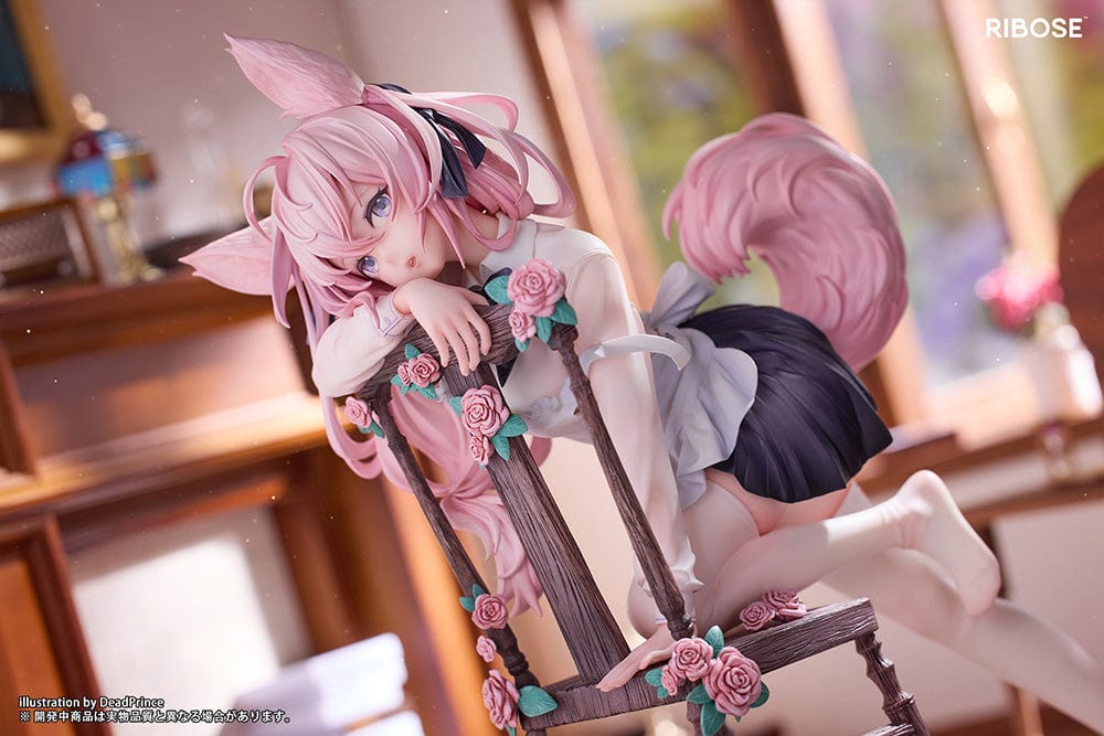 DeadPrince Illustration Rabbit Flova 1/7 Scale Figure with pink hair, rabbit ears, and floral-accented chair in a graceful pose