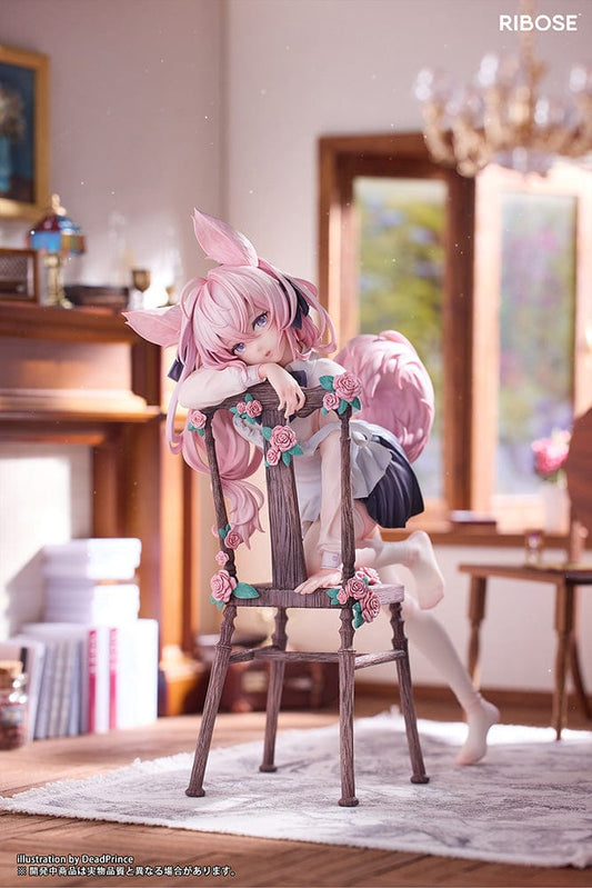 DeadPrince Illustration Rabbit Flova 1/7 Scale Figure with pink hair, rabbit ears, and floral-accented chair in a graceful pose