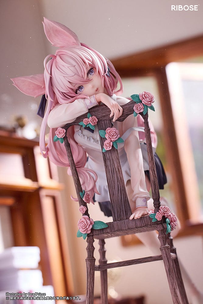 DeadPrince Illustration Rabbit Flova 1/7 Scale Figure with pink hair, rabbit ears, and floral-accented chair in a graceful pose