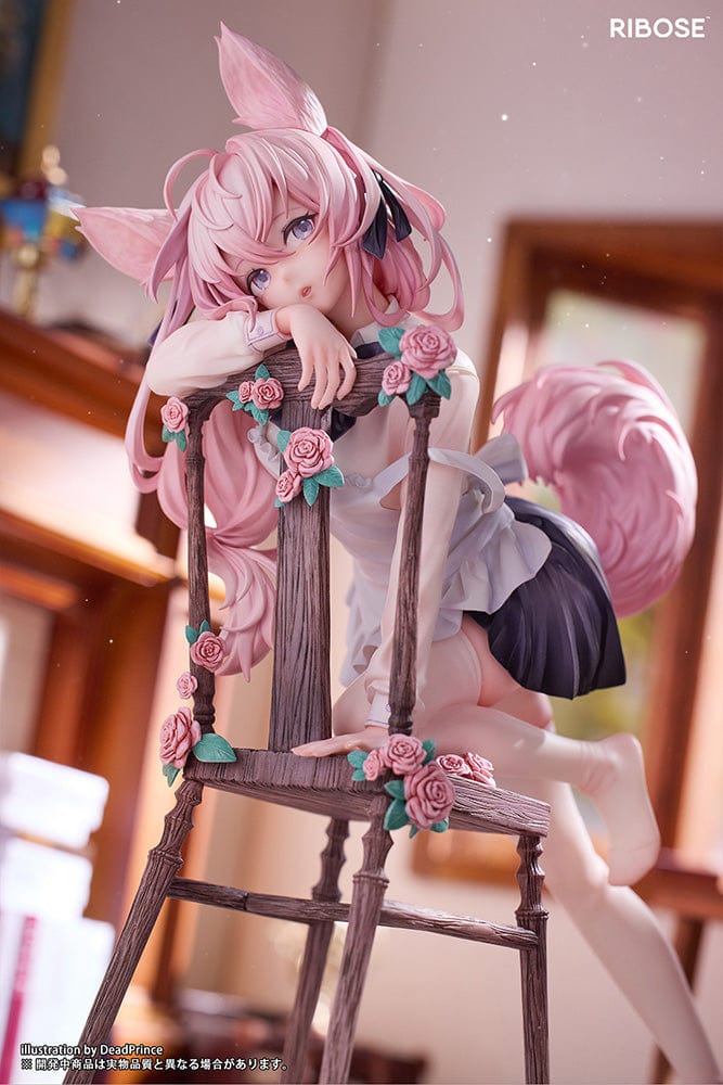 DeadPrince Illustration Rabbit Flova 1/7 Scale Figure with pink hair, rabbit ears, and floral-accented chair in a graceful pose