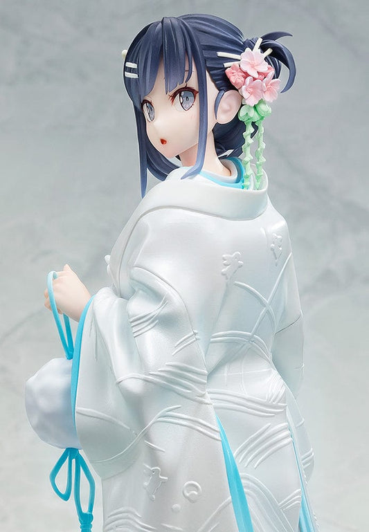 Rascal Does Not Dream of Bunny Girl KD Colle Mai Sakurajima (White Kimono Ver.) 1/7 Scale Figure, depicted in an intricately detailed white kimono with blue accents, turning gracefully with a flower-adorned hairstyle, embodying elegance and tranquility.