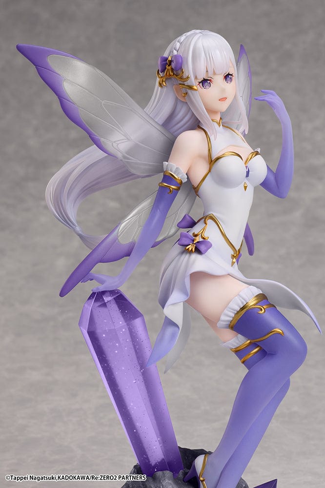 Rezero Starting Life in Another World Emilia (Jewel Princess) 1/7 scale figure with translucent wings, sitting atop a purple crystal, wearing a purple and white outfit.