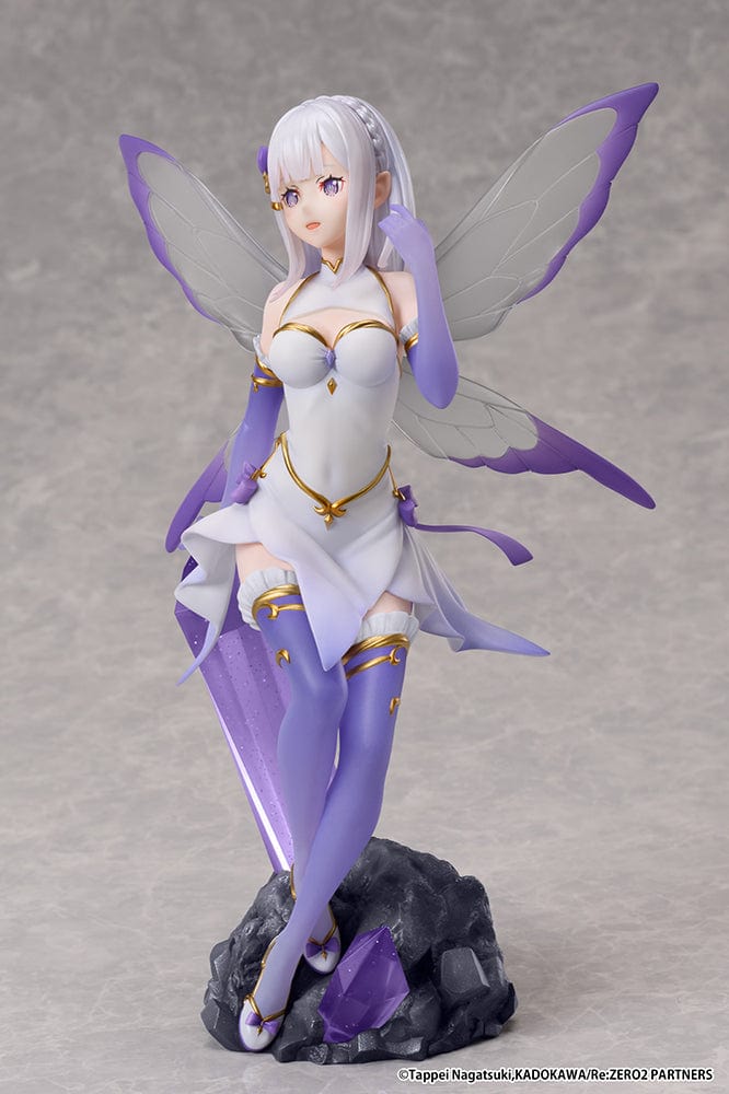 Rezero Starting Life in Another World Emilia (Jewel Princess) 1/7 scale figure with translucent wings, sitting atop a purple crystal, wearing a purple and white outfit.