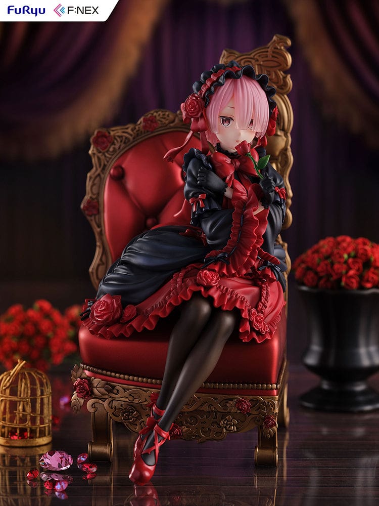 Rezero-Starting Life in Another World- FNex Ram Gothic Ver. 1/7 Scale Figure by FuRyu, showcasing Ram in an elaborate gothic dress, seated on a detailed, ornate chair with roses.