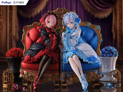 Rezero-Starting Life in Another World- FNex Ram Gothic Ver. 1/7 Scale Figure by FuRyu, showcasing Ram in an elaborate gothic dress, seated on a detailed, ornate chair with roses.