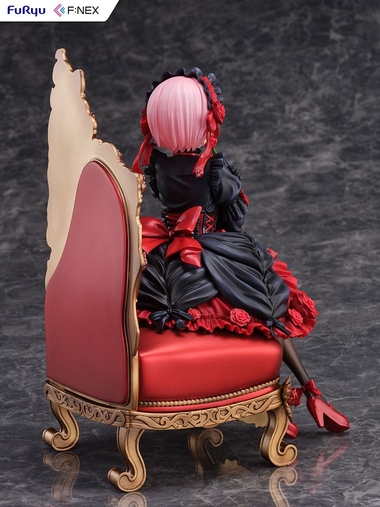 Rezero-Starting Life in Another World- FNex Ram Gothic Ver. 1/7 Scale Figure by FuRyu, showcasing Ram in an elaborate gothic dress, seated on a detailed, ornate chair with roses.