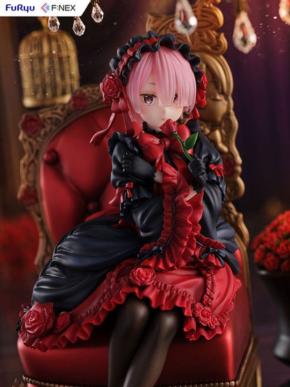 Rezero-Starting Life in Another World- FNex Ram Gothic Ver. 1/7 Scale Figure by FuRyu, showcasing Ram in an elaborate gothic dress, seated on a detailed, ornate chair with roses.