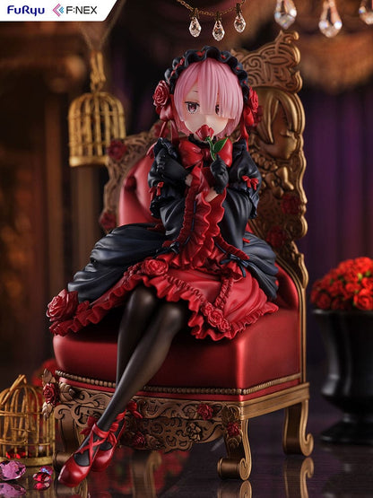 Rezero-Starting Life in Another World- FNex Ram Gothic Ver. 1/7 Scale Figure by FuRyu, showcasing Ram in an elaborate gothic dress, seated on a detailed, ornate chair with roses.