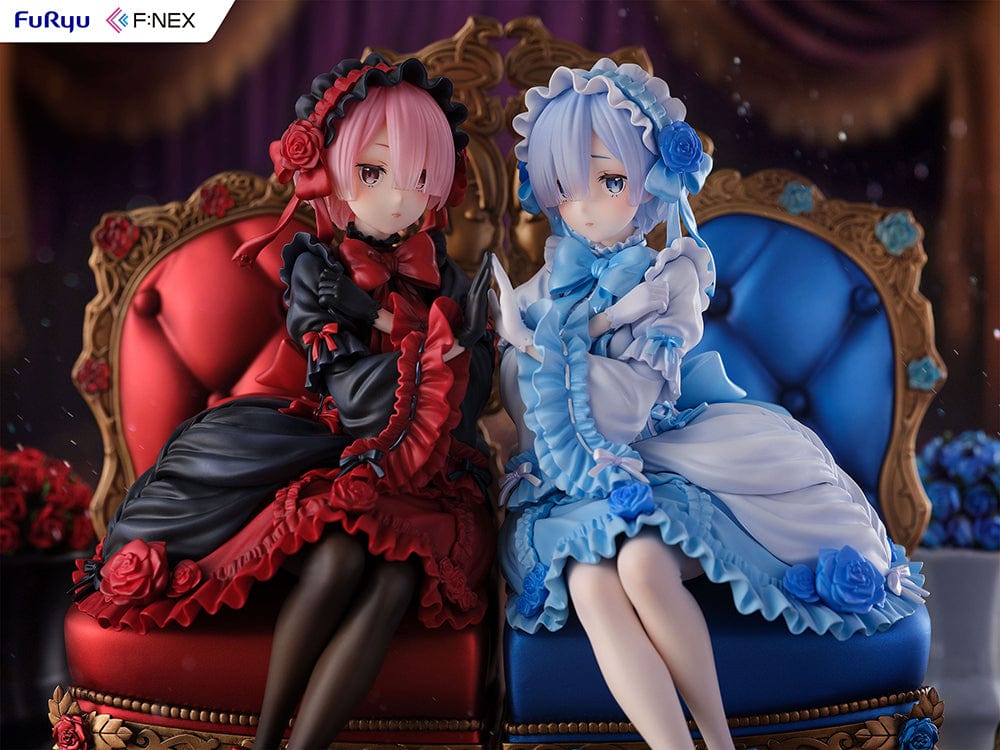 Rezero-Starting Life in Another World- FNex Ram Gothic Ver. 1/7 Scale Figure by FuRyu, showcasing Ram in an elaborate gothic dress, seated on a detailed, ornate chair with roses.