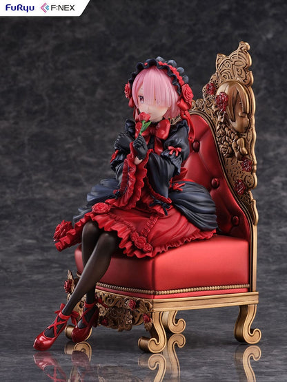 Rezero-Starting Life in Another World- FNex Ram Gothic Ver. 1/7 Scale Figure by FuRyu, showcasing Ram in an elaborate gothic dress, seated on a detailed, ornate chair with roses.