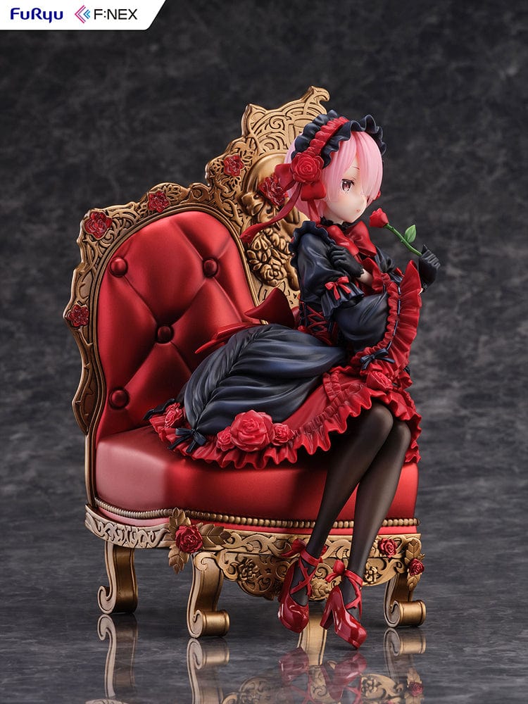 Rezero-Starting Life in Another World- FNex Ram Gothic Ver. 1/7 Scale Figure by FuRyu, showcasing Ram in an elaborate gothic dress, seated on a detailed, ornate chair with roses.