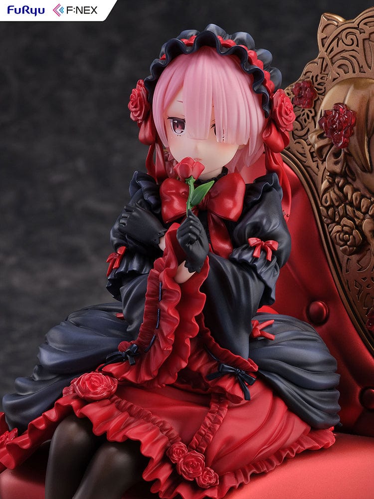 Rezero-Starting Life in Another World- FNex Ram Gothic Ver. 1/7 Scale Figure by FuRyu, showcasing Ram in an elaborate gothic dress, seated on a detailed, ornate chair with roses.