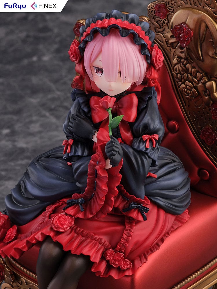 Rezero-Starting Life in Another World- FNex Ram Gothic Ver. 1/7 Scale Figure by FuRyu, showcasing Ram in an elaborate gothic dress, seated on a detailed, ornate chair with roses.