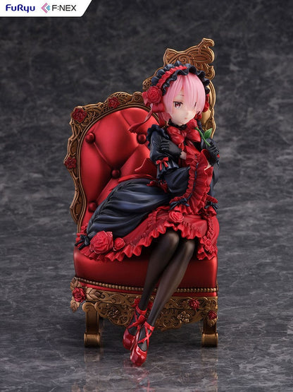 Rezero-Starting Life in Another World- FNex Ram Gothic Ver. 1/7 Scale Figure by FuRyu, showcasing Ram in an elaborate gothic dress, seated on a detailed, ornate chair with roses.