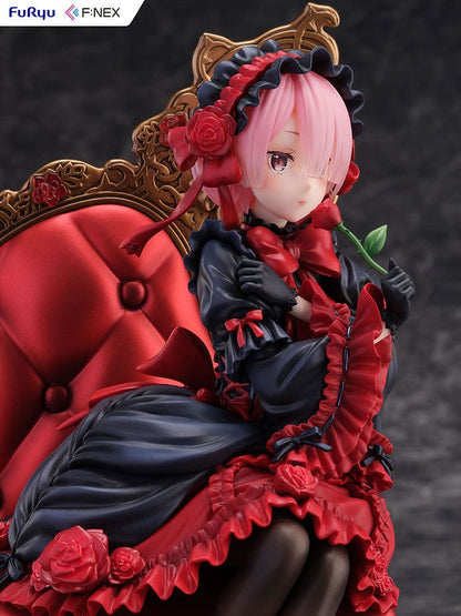 Rezero-Starting Life in Another World- FNex Ram Gothic Ver. 1/7 Scale Figure by FuRyu, showcasing Ram in an elaborate gothic dress, seated on a detailed, ornate chair with roses.