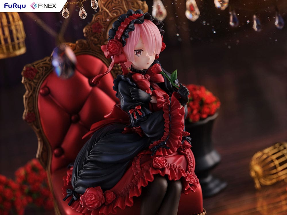 Rezero-Starting Life in Another World- FNex Ram Gothic Ver. 1/7 Scale Figure by FuRyu, showcasing Ram in an elaborate gothic dress, seated on a detailed, ornate chair with roses.