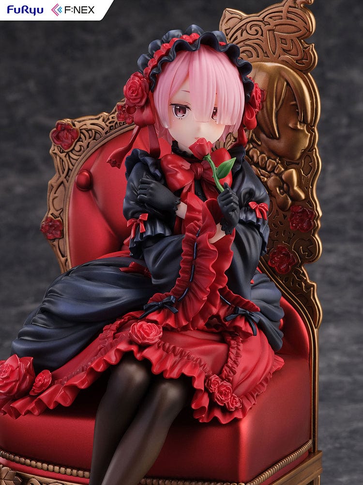 Rezero-Starting Life in Another World- FNex Ram Gothic Ver. 1/7 Scale Figure by FuRyu, showcasing Ram in an elaborate gothic dress, seated on a detailed, ornate chair with roses.