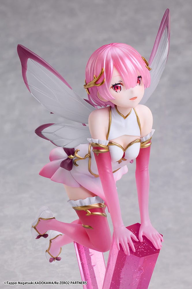 Rezero Starting Life in Another World Ram (Jewel Princess) 1/7 scale figure with pink wings, balancing atop a crystal, wearing a shimmering outfit.