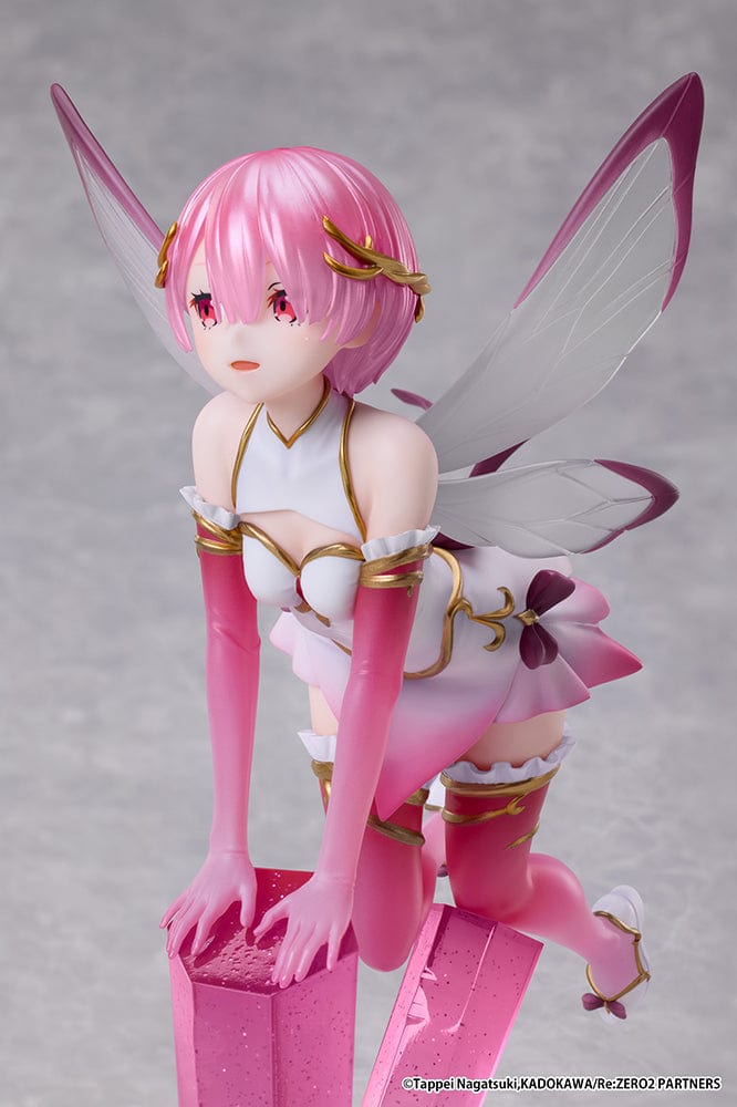 Rezero Starting Life in Another World Ram (Jewel Princess) 1/7 scale figure with pink wings, balancing atop a crystal, wearing a shimmering outfit.